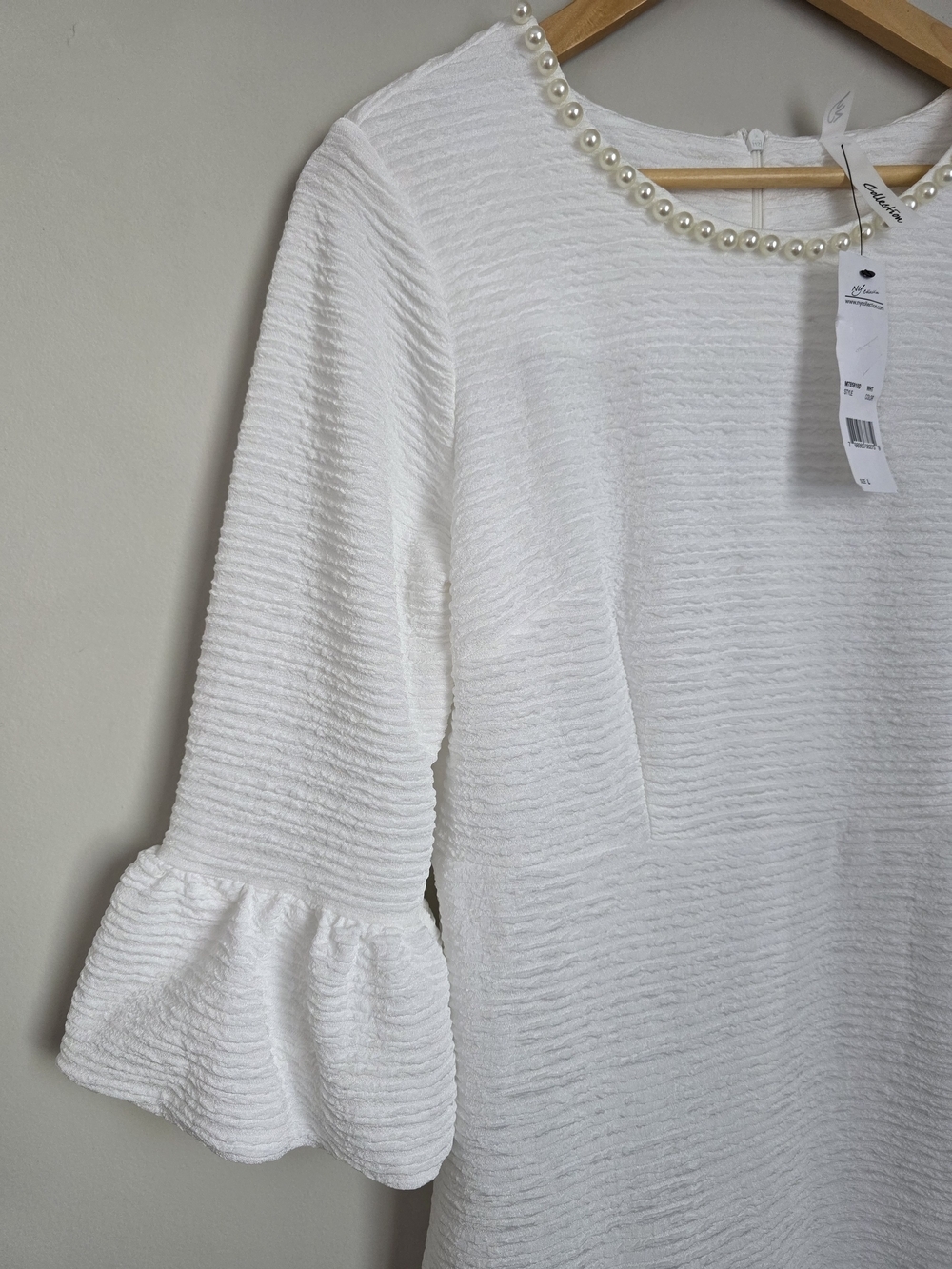 NY Collection White Dress Pearl Neck Ruffle Sleeve Women’s L NWT - Picture 4 of 10
